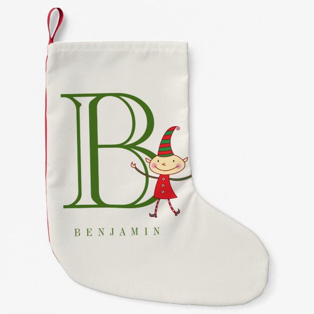 Cute Magical Christmas Elf Name Monogram Holiday Small Christmas Stocking (Front)