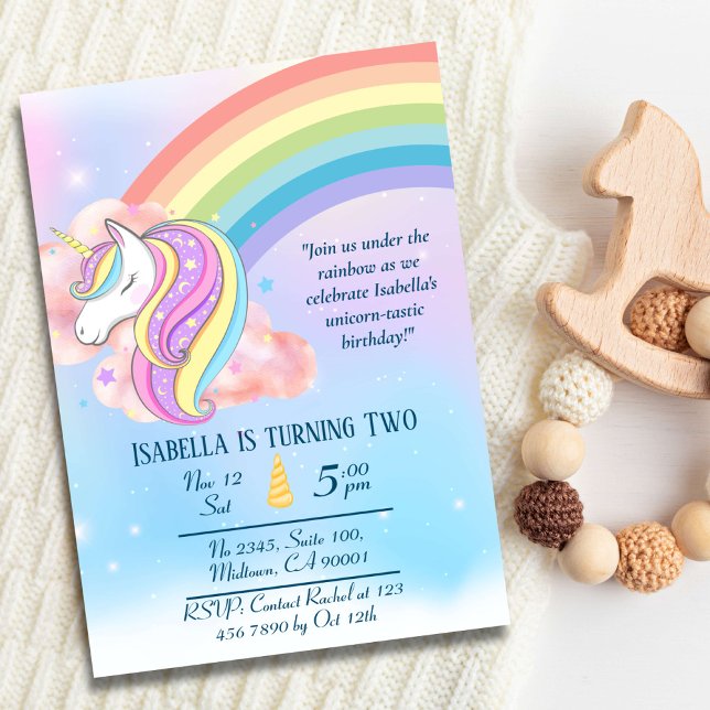Cute magical colourful unicorn rainbow 2nd birthda invitation (Creator Uploaded)