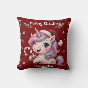 Cute Magical Crimson Christmas Unicorn Girl Photo Cushion