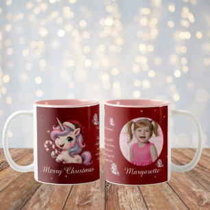 Cute Magical Crimson Christmas Unicorn Girl Photo Two-Tone Coffee Mug