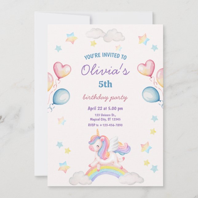 Cute Magical Fairytale Unicorn Rainbow Clouds Invitation (Front)
