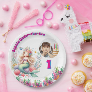 Cute Magical Floral Mermaid Photo 1st Birthday Paper Plate