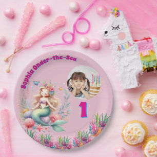 Cute Magical Floral Mermaid Photo 1st Birthday Paper Plate