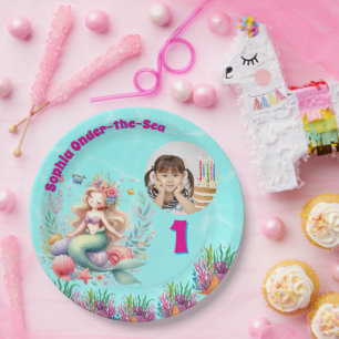 Cute Magical Floral Mermaid Photo 1st Birthday Paper Plate