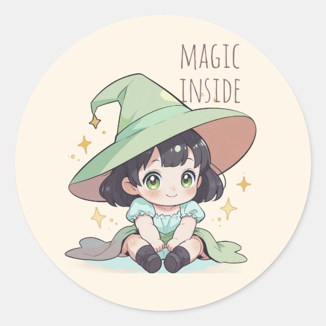 Cute Magical Kawaii Baby Girl Witch  Classic Round Sticker (Front)