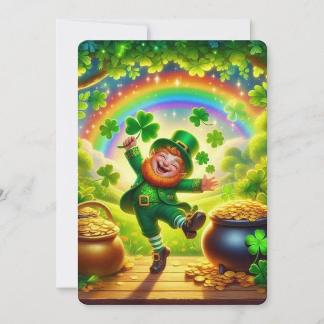 Cute, magical Leprechaun Saint Patrick's Day Holiday Card (Front)