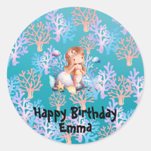 Cute Magical Mermaid fish coral sea Birthday girls Classic Round Sticker