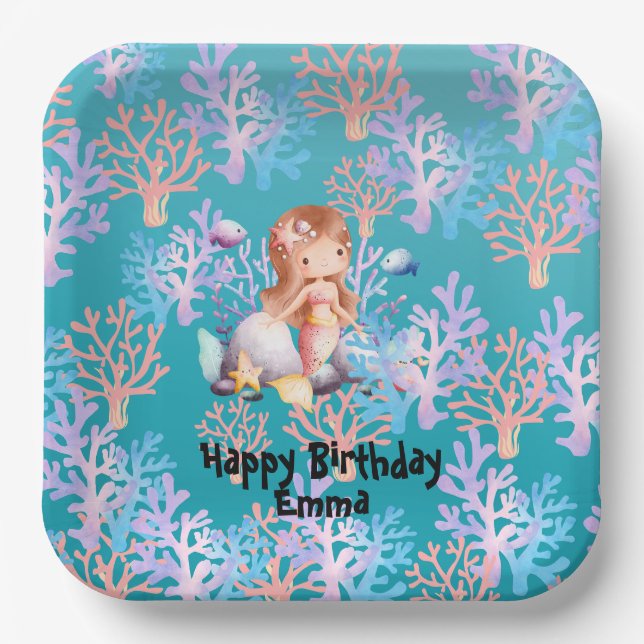 Cute Magical Mermaid fish coral sea Birthday girls Paper Plate (Front)