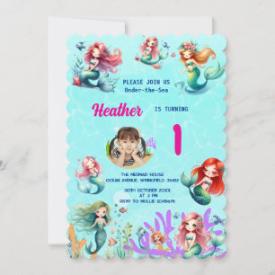 Cute Magical Mermaid On-dear-the-Sea 1st Birthday Invitation