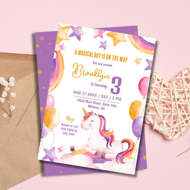 Cute magical modern unicorn rainbow 3rd birthday invitation (Creator Uploaded)