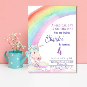 Cute magical modern unicorn rainbow 4th birthday  invitation