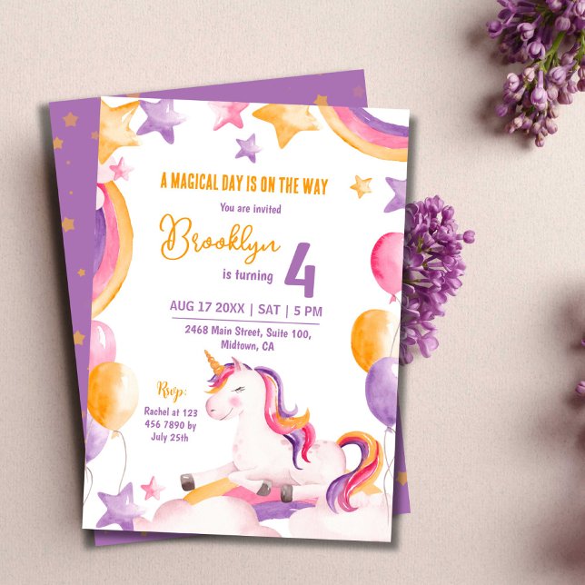 Cute magical modern unicorn rainbow 4th birthday invitation (Creator Uploaded)