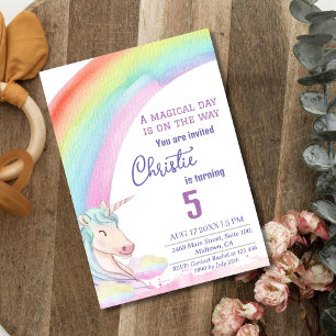 Cute magical modern unicorn rainbow 5th birthday  invitation