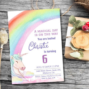 Cute magical modern unicorn rainbow 6th birthday  invitation