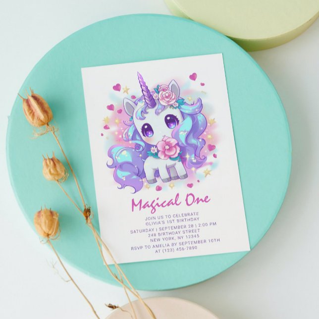 Cute Magical One Modern Unicorn First Birthday Invitation (Creator Uploaded)