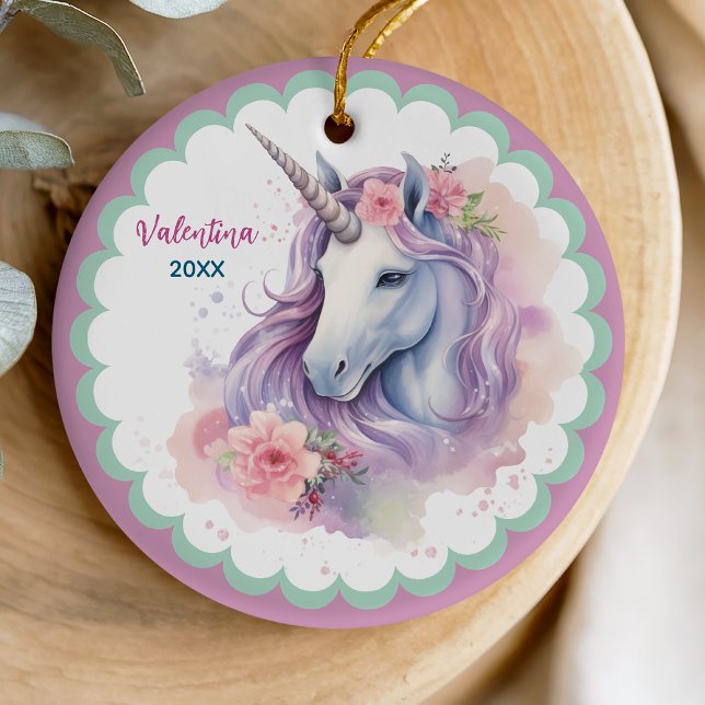 Cute magical pink unicorn girl holiday keepsake ceramic ornament (Creator Uploaded)