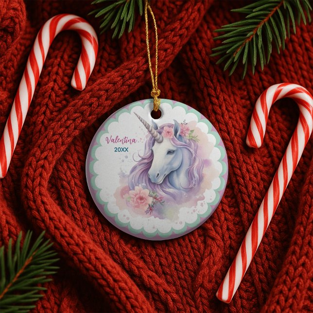 Cute magical pink unicorn girl holiday keepsake ceramic ornament (Creator Uploaded)