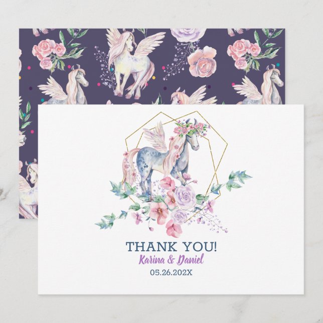 Cute magical pony and pink roses wreath invitation (Front/Back)