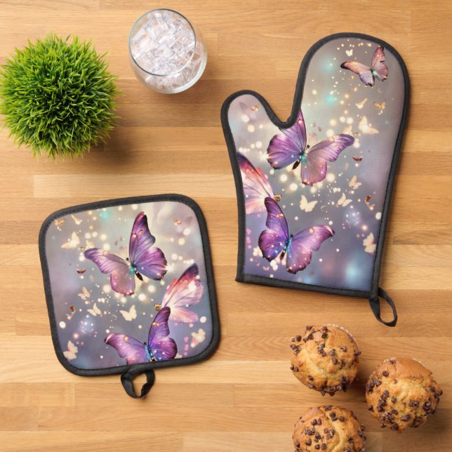 Cute magical purple Butterfly Oven Mitt & Pot Holder Set (Top Down)