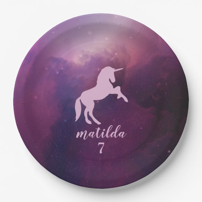 cute magical purple unicorn paper plate (Front)