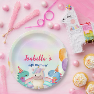 Cute Magical Rainbow Dino Unicorn Birthday Party  Paper Plate