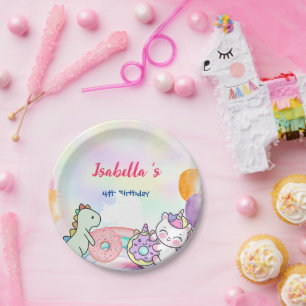 Cute Magical Rainbow Dino Unicorn Birthday Party Paper Plate