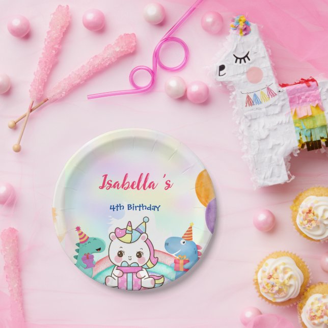 Cute Magical Rainbow Dino Unicorn Birthday Party  Paper Plate (Party)