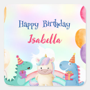 Cute Magical Rainbow Dino Unicorn Birthday Party  Square Sticker