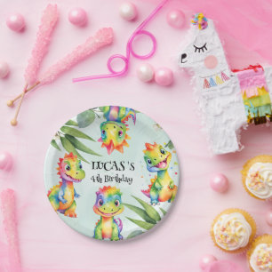 Cute Magical Rainbow Dinosaur Happy Birthday Party Paper Plate