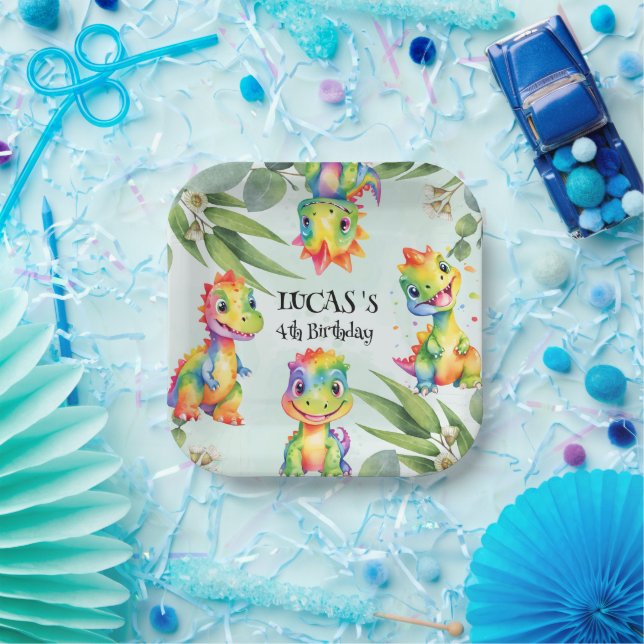 Cute Magical Rainbow Dinosaur Happy Birthday Party Paper Plate (Party)