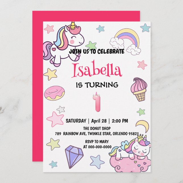 Cute Magical Rainbow Unicorn 1st Birthday Party  Invitation (Front/Back)