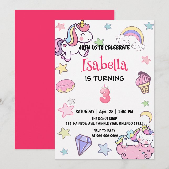 Cute Magical Rainbow Unicorn 3rd Birthday Party  Invitation (Front/Back)