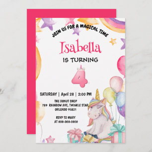 Cute Magical Rainbow Unicorn 4th Birthday Party Invitation