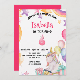 Cute Magical Rainbow Unicorn 6th Birthday Party  Invitation