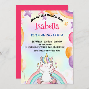 Cute Magical Rainbow Unicorn Birthday Party Invitation