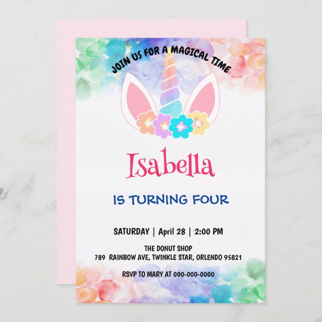 Cute Magical Rainbow Unicorn Birthday Party  Invitation (Front/Back)