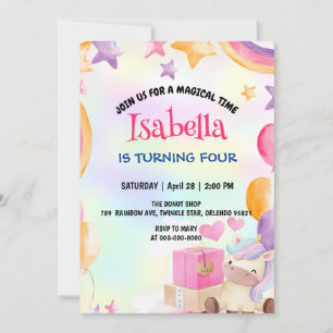 Cute Magical Rainbow Unicorn Birthday Party  Invitation