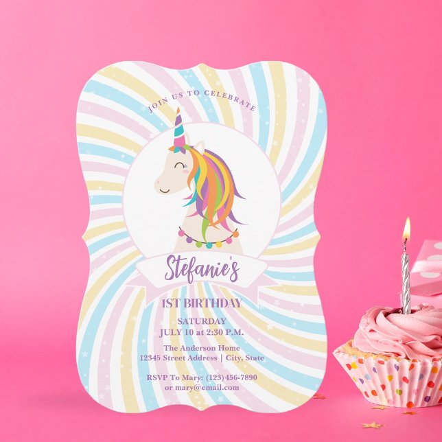 Cute Magical Rainbow Unicorn Girl 1st Birthday Invitation (Creator Uploaded)