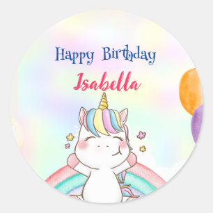 Cute Magical Rainbow Unicorn Happy Birthday Party Classic Round Sticker