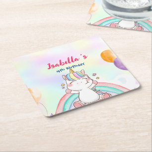 Cute Magical Rainbow Unicorn Happy Birthday Party Square Paper Coaster
