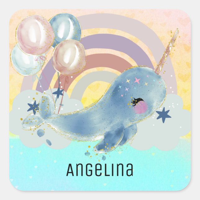 Cute Magical Sea Unicorn Custom Name     Square Sticker (Front)