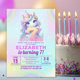Cute Magical Unicorn 7th Birthday – Rainbow  Invitation