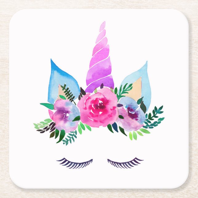 Cute Magical Unicorn Face Square Paper Coaster (Front)