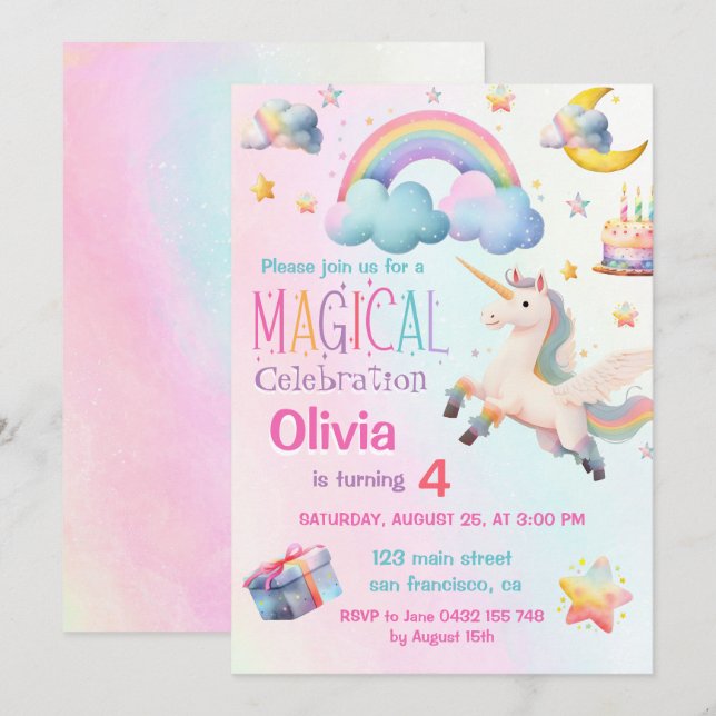 Cute Magical Unicorn Girl Birthday Party Invitation (Front/Back)