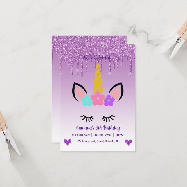 Cute Magical Unicorn & Hearts Birthday Invitation (Front/Back In Situ)
