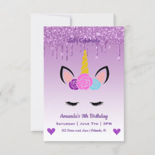 Cute Magical Unicorn & Hearts Birthday Invitation