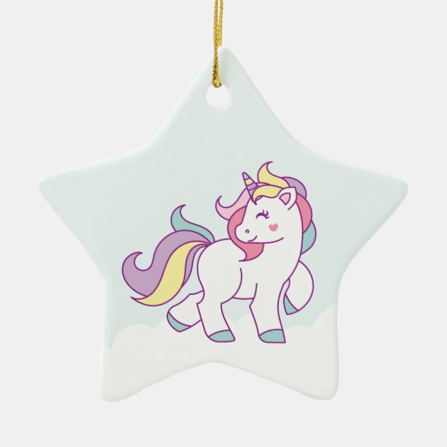 Cute Magical Unicorn Pastel colour Personalised Ceramic Tree Decoration (Front)