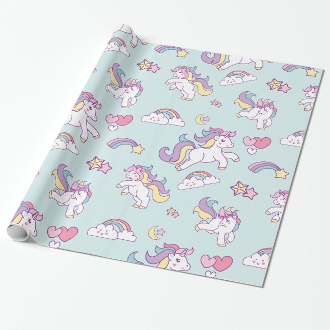Cute Magical Unicorn Pastel colour Personalised Wrapping Paper (Unrolled)