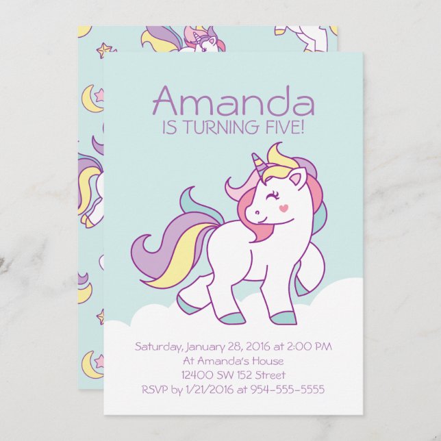Cute Magical Unicorn Pastel GIRL Animals Birthday Invitation (Front/Back)