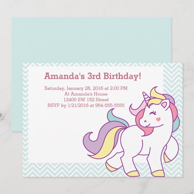 Cute Magical Unicorn Pastel GIRL Animals Birthday Invitation (Front/Back)